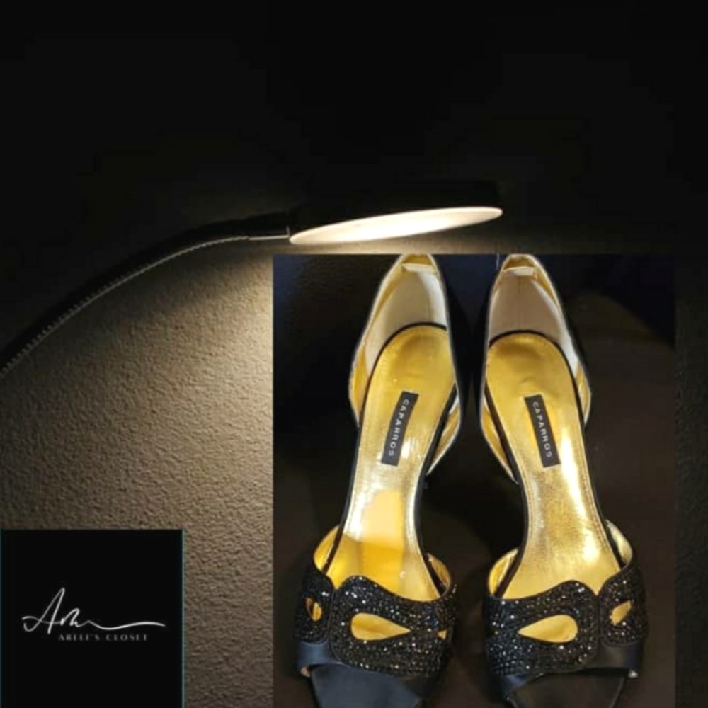 Caparros 9M Meredith Black Satin Open Toe Heels
